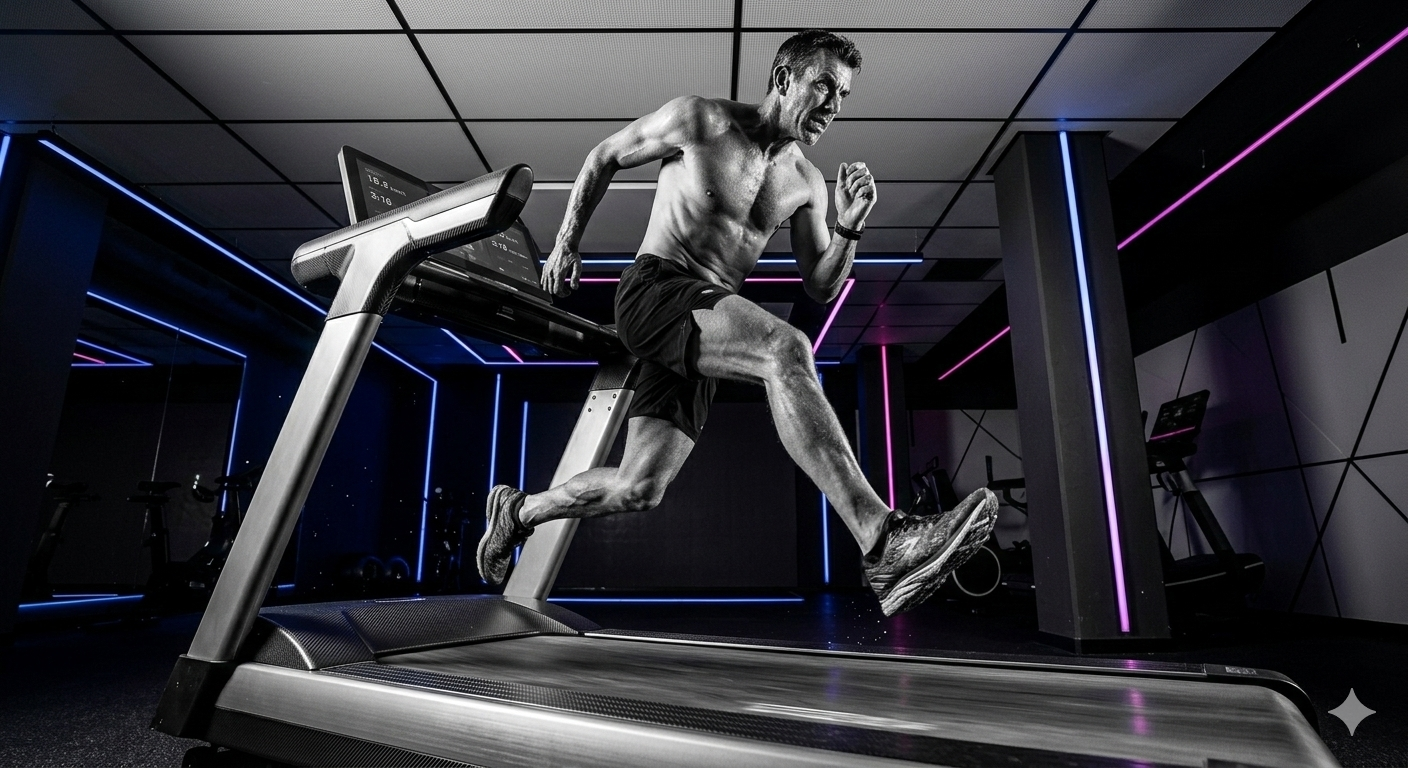 Generate from Nano Banana2: A low angle high contrast photo of an intensely focused male athlete sprinting on an advanced treadmill in a modern gym with neon lights, sweat visible, intense focus, NO WOMAN image